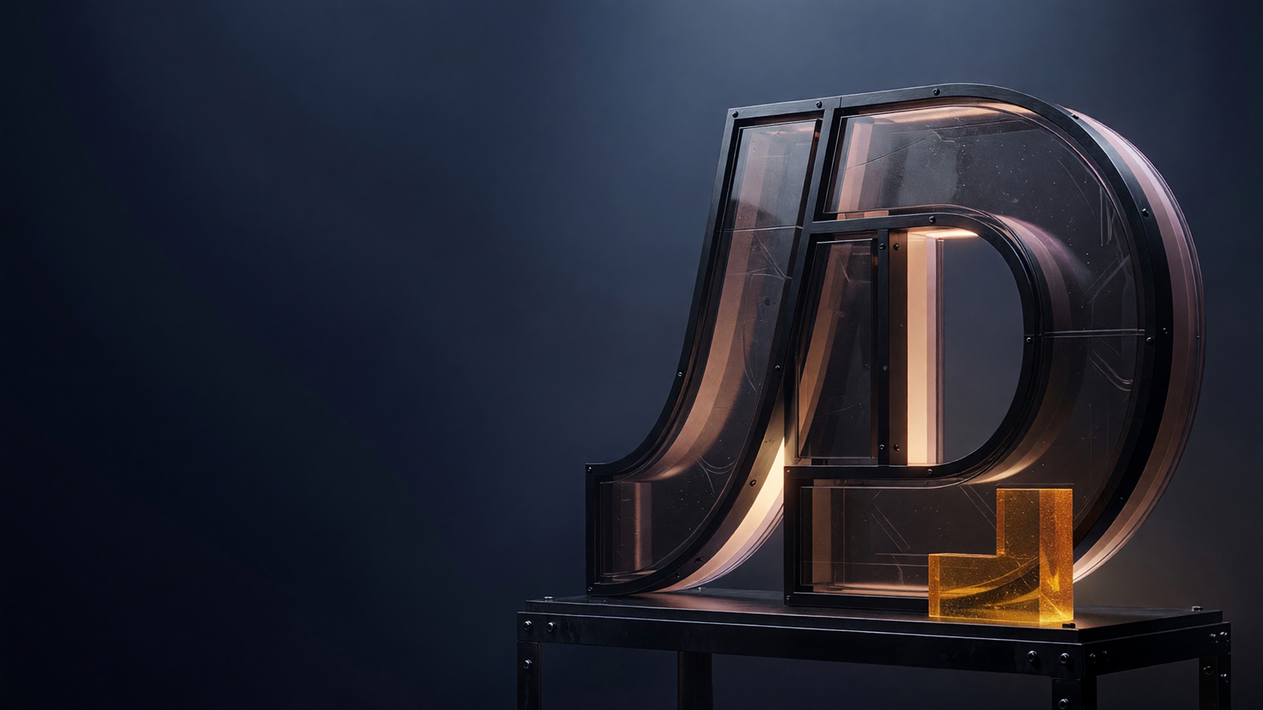 Dark sculptural 3D D with integrated amber corner mark on a deep navy field