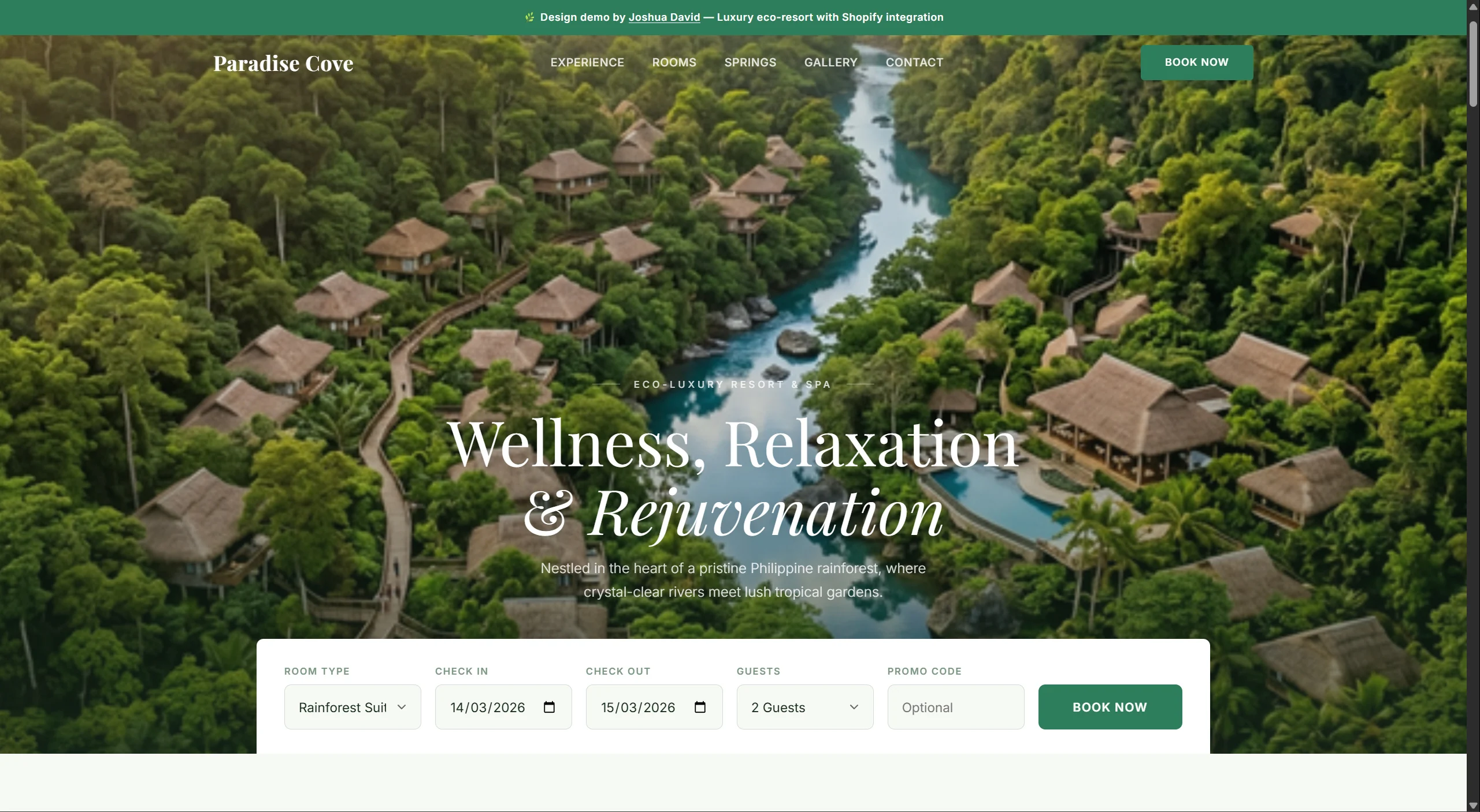 Paradise Cove hospitality storefront desktop capture with resort imagery and booking controls